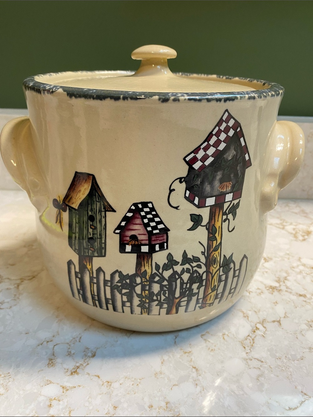 Home & Garden Party Cream Ceramic Canister with Hand-Painted Birdhouse Motif